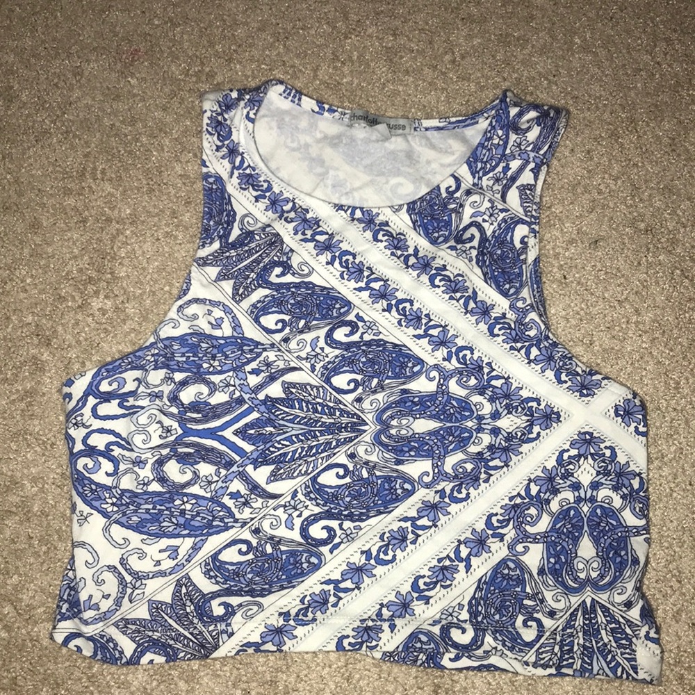Charlotte Russe blue and white patterned crop top